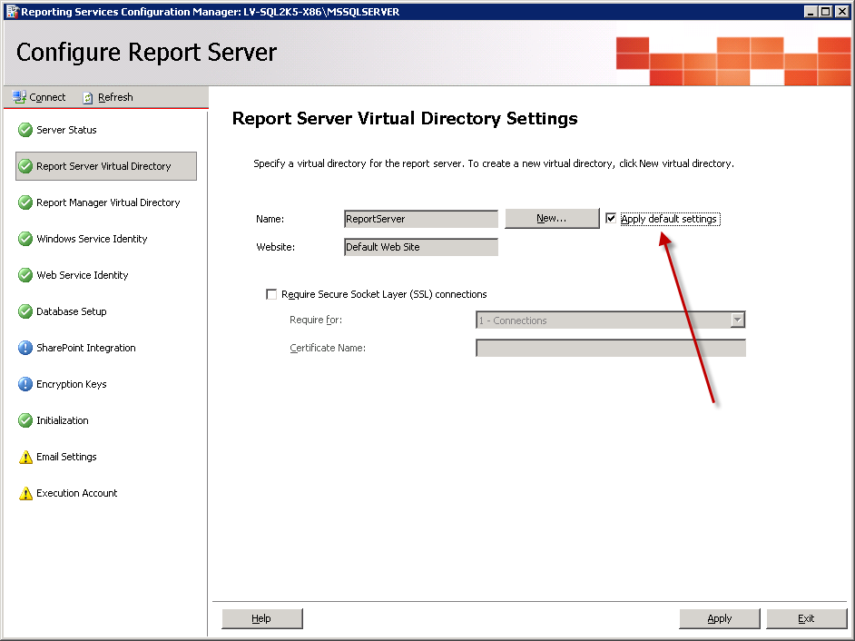 Установить default. SQL Server reporting services. Report Server configuration Manager. Configuration Report что это такое. Default settings.